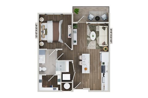 Floor plan for 1 bed, 1 bath, 588 sqft